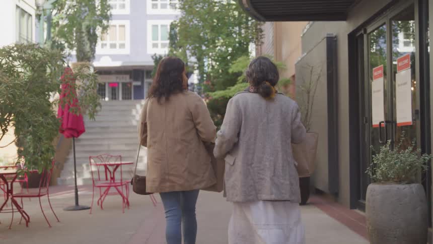Women walk past the shops talking