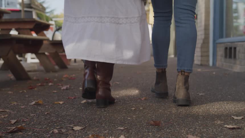 Legs of two women walking on the pavement in a city at daytime