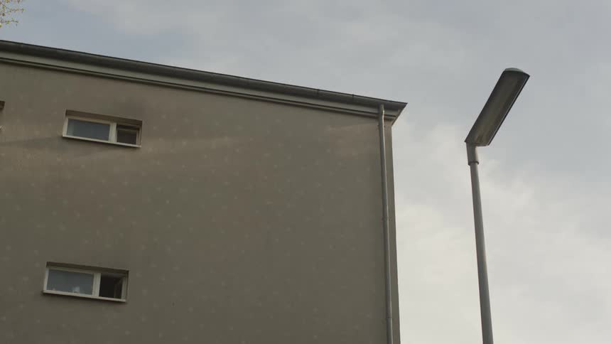 A lowangle shot shows the stark corner of a plain building and a modern street light set against a gray overcast sky