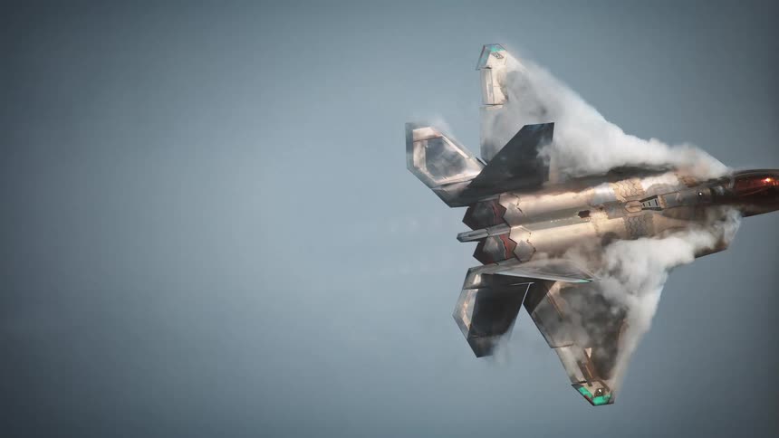 A lockheed martin f22 raptor is in midair with white smoke ejecting from its engines