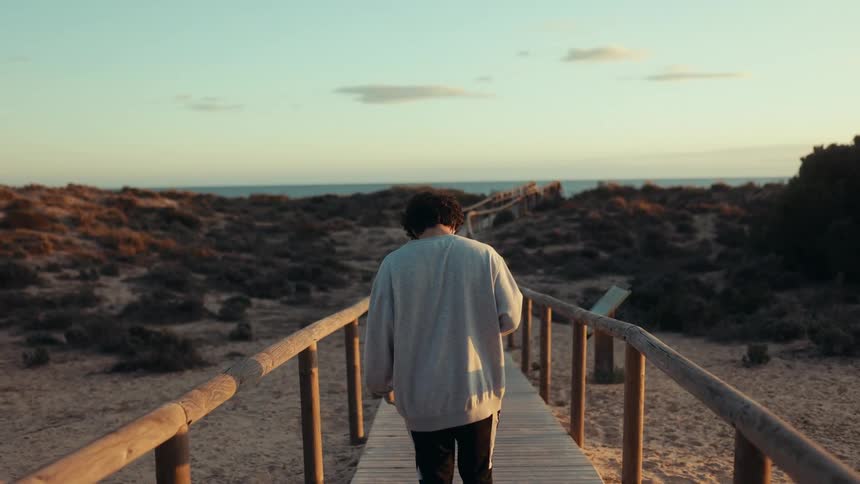 A boy stands on a beachside pier looking down with plants and the ocean in front of him