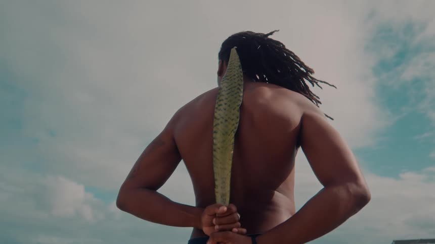 Shirtless man holding a long plant leaf behind his back