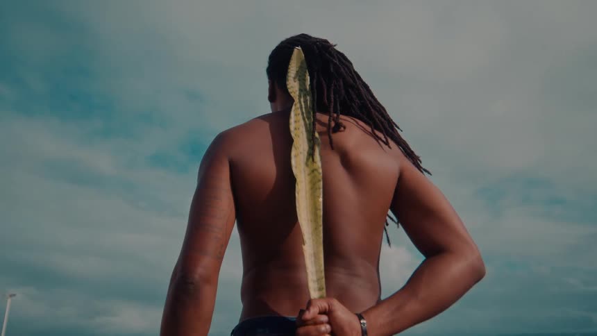A person with long dreadlocks stands shirtless on a beach holding a large leaf behind the back facing the ocean under a cloudy sky