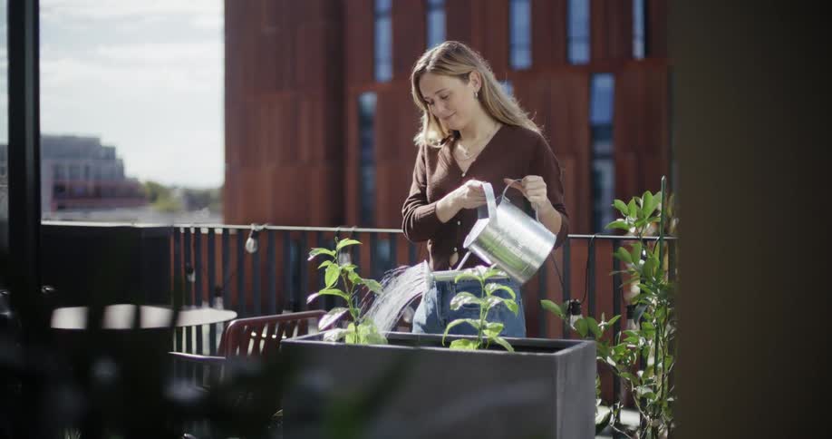 A lady watering outdoor plants in the morning