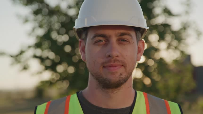 Close up portrait of a young male construction worker standing outdoors during daytime