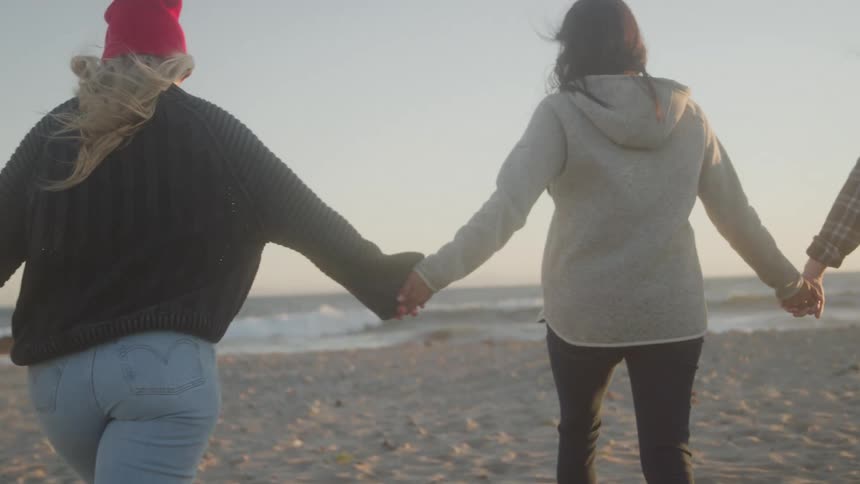 Two women walk hand in hand on a sandy beach toward the ocean beneath an evening sky
