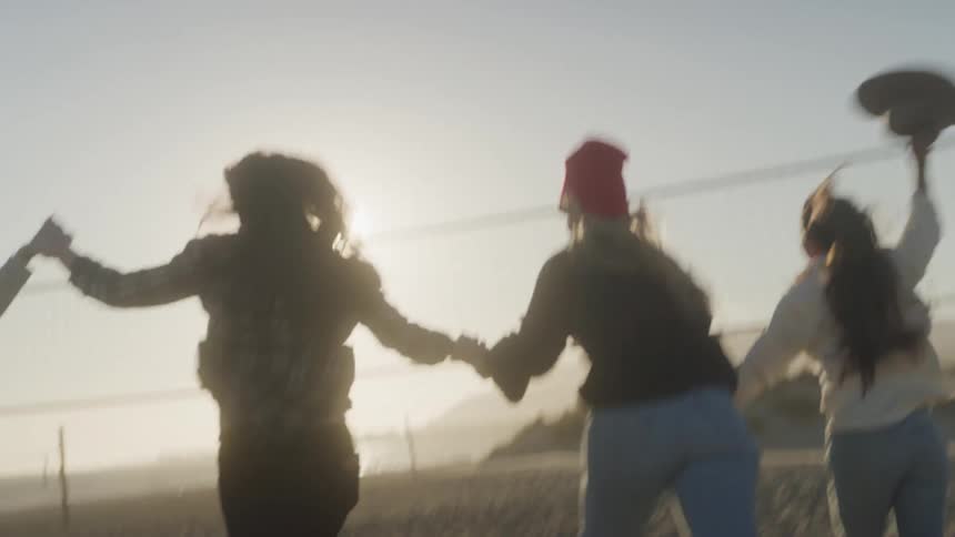 Back of female friends running on the sand holding hands at sunset