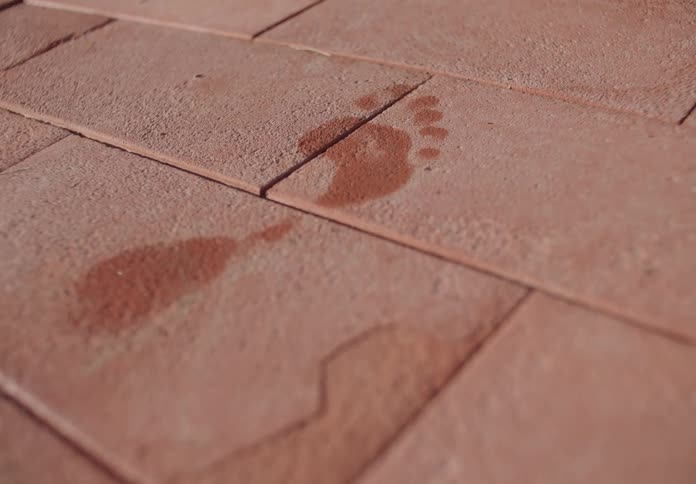 A single wet footprint is visible on a surface of reddish orange square tiles