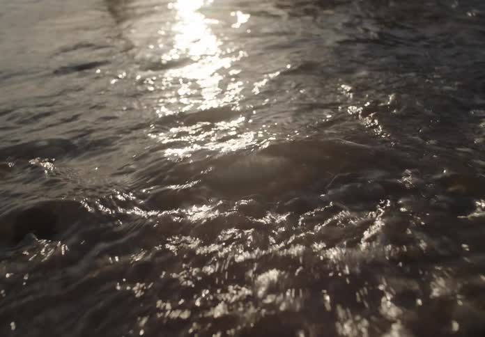 Ocean waves gently wash over a plastic bottle lying on a sandy beach at sunset