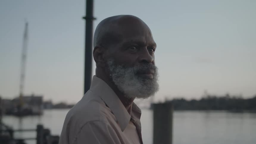 Bearded man sitting watching a seaside landscape