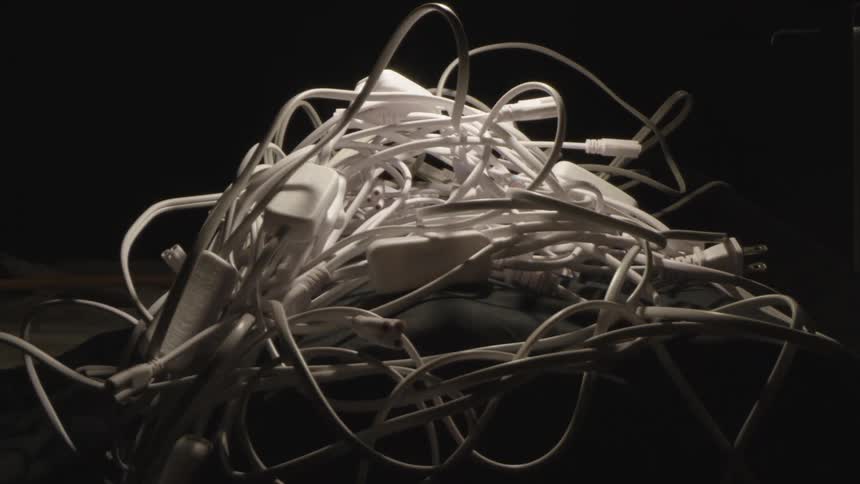 White cables coiled on a dark background