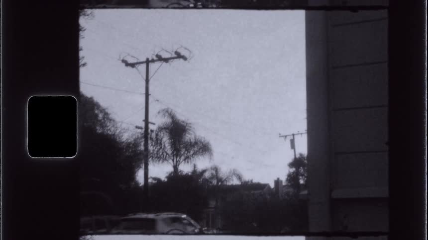 Grainy vintagestyle view of a suburban street with power lines and palm trees