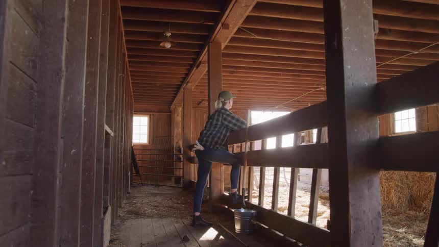The woman is leaning against the railing in the stables