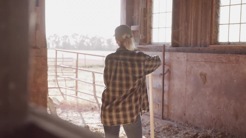 A woman in a barn wearing a hat holds a wooden platform around midday