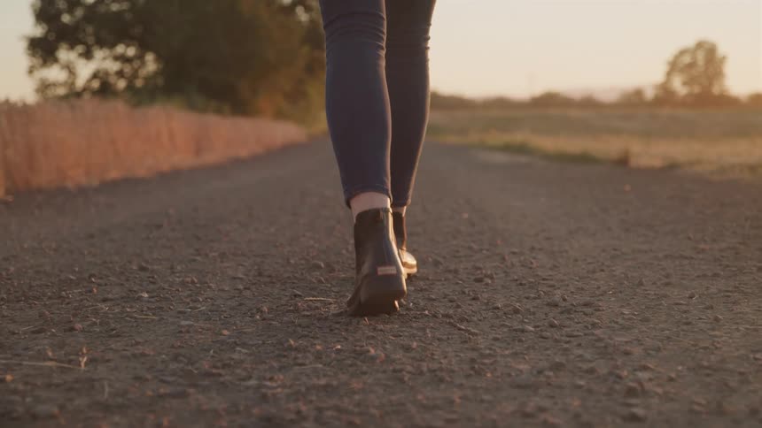 Person walks along a dirt road surrounded by dry vegetation at dusk