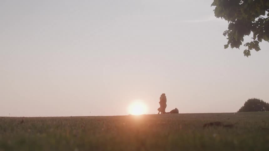 Silhouette of a child running towards a woman who kneels and hugs in a field with a sun on the horizon