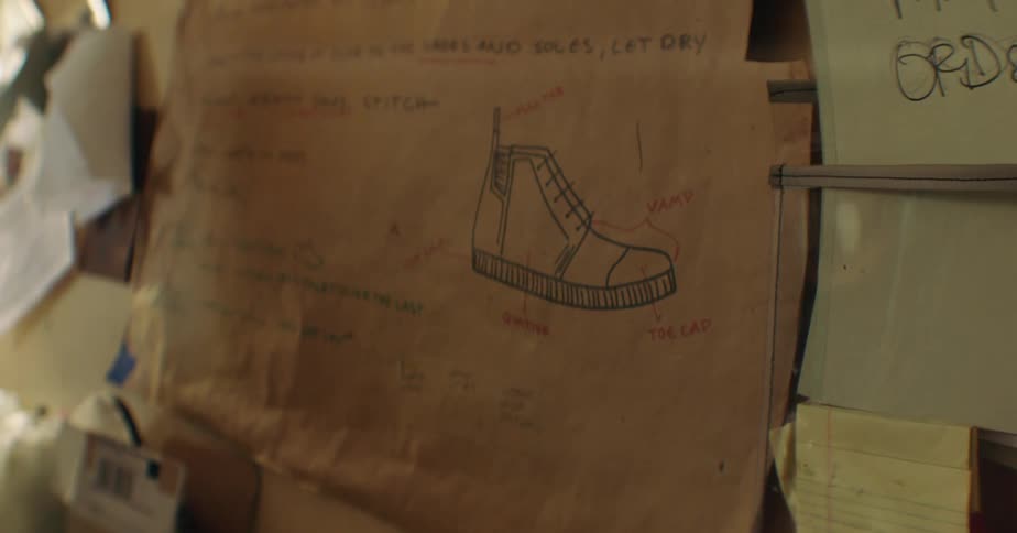 A shoe design is drawn on a brown piece of paper glued to a wall inside a factory at midday