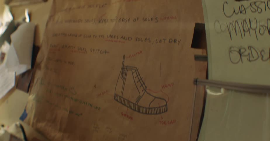 Papers and pictures depicting shoes hang on a cluttered wall