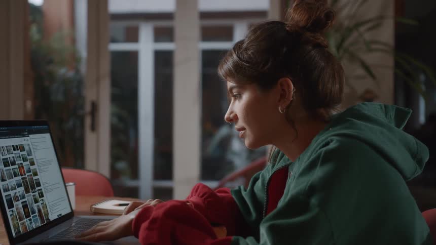 A woman browses images on her laptop while working at a table indoors
