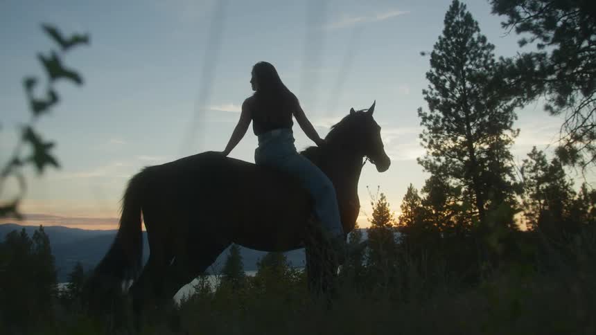 A woman sits peacefully on horseback gazing at the sunset over a forested landscape
