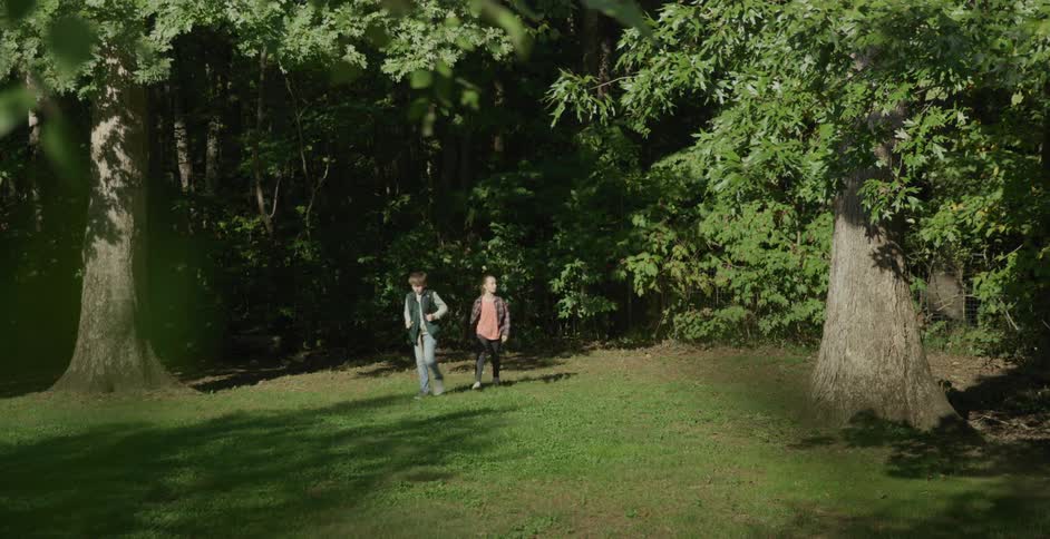 A boy and girl emerge from a path in the forest and walk through a field