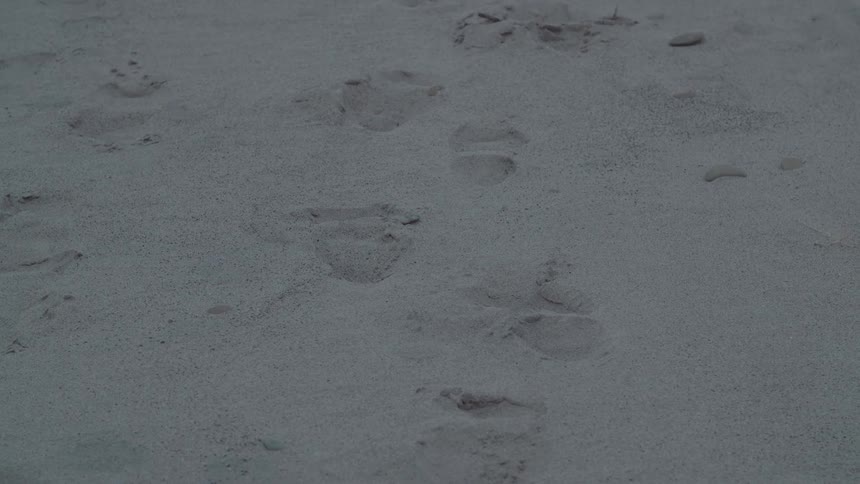 Footprints are visible on the beach sand around midday