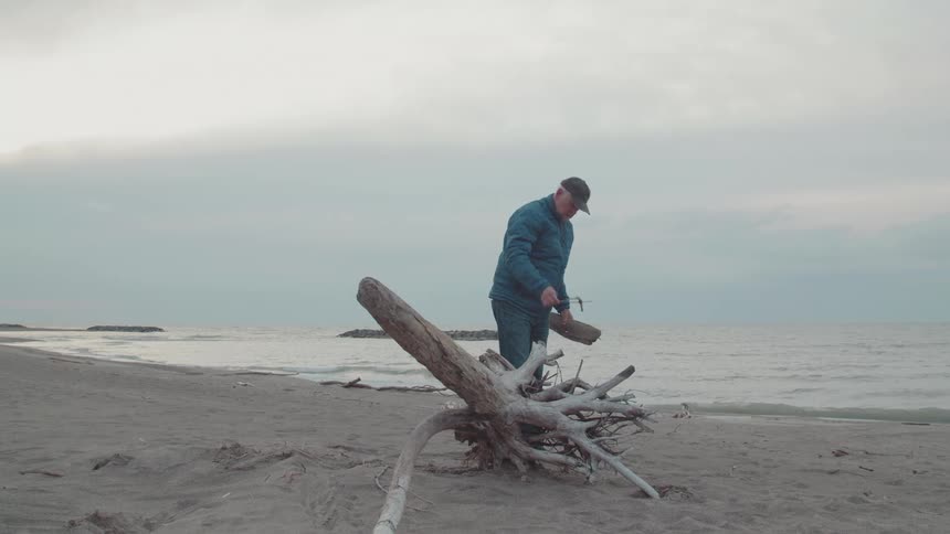 The man is collecting driftwood examining them