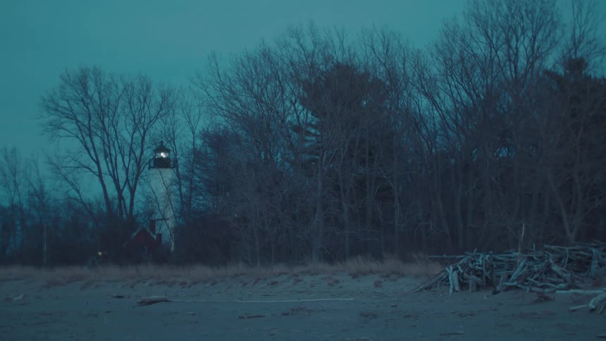 A lighthouse glows behind leafless trees along a quiet deserted beach at dusk