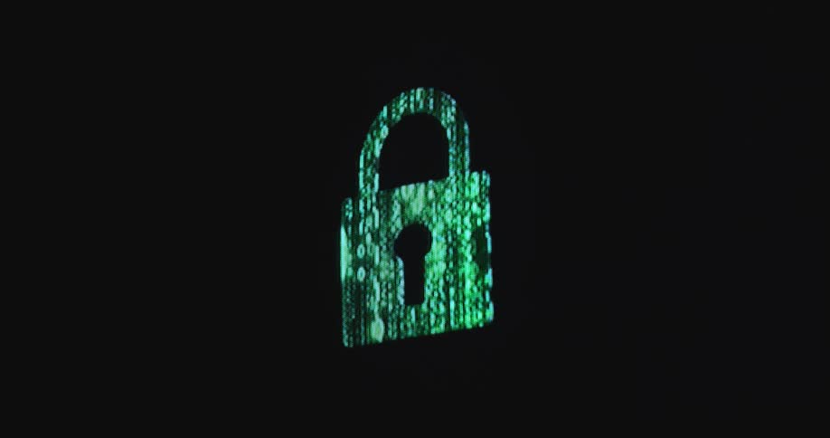 Green binary digits 0 or zeros and 1 or ones appear and disappear shaping a matrix style padlock or security lock animation opening and closing on a black screen protecting personal data and online privacy from hackers and leaks