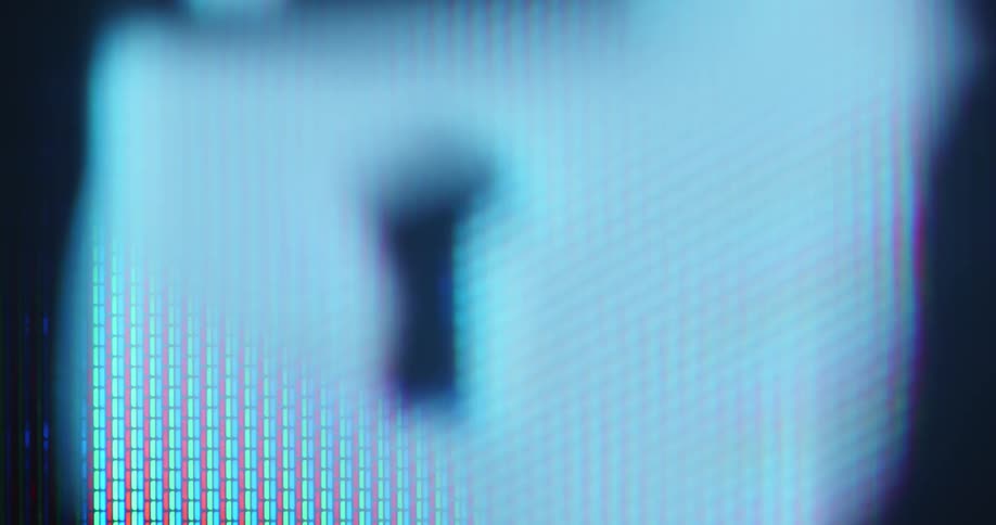 Macro closeup of a retro computer RGB screen panel displaying an abstract padlock keyhole protecting privacy and digital data through a VPN or anti virus program due to strong cyber security and safety