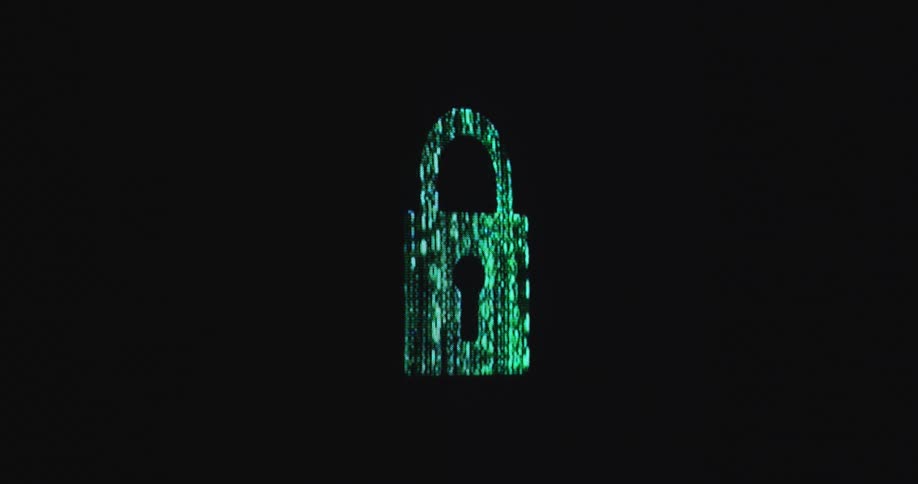 Greenish glowing neon lights and pixels create a lock or padlock icon on a black computer screen displaying a security symbol of a virtual private network protecting data while surfing online in the internet or world wide web