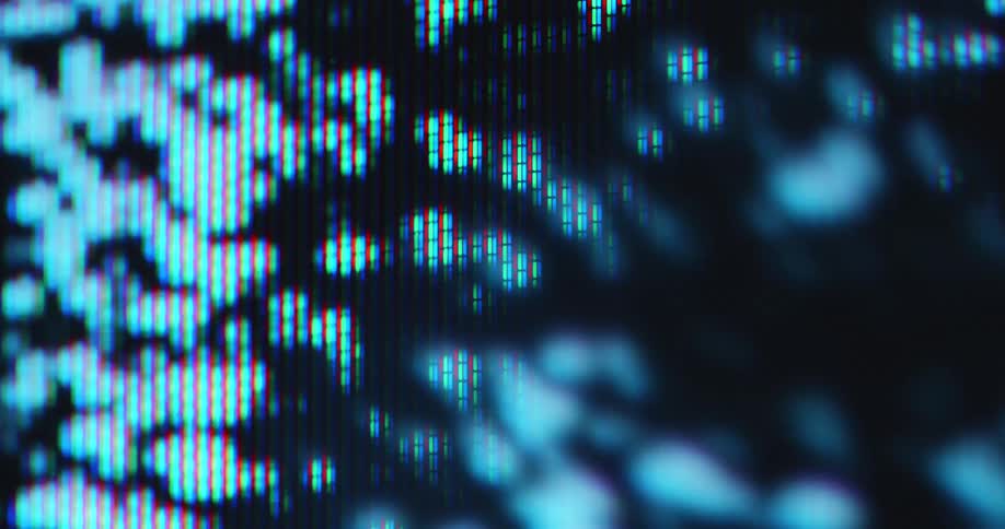 Abstract digital art animation of a dynamic white noise pattern flickering and glitching on the retro tube television screen in display with visible RGB pixels as symbol for a digital glitch or error screen due to failed connection or transmission