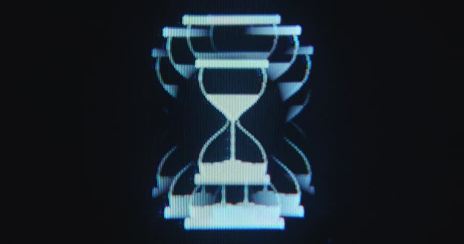 Dynamic macro close up of a RGB pixel device screen displaying multiple rotating overlapped hourglass timer icons while the sandglass symbol visualizes the concept of time in a black abstract and digital space