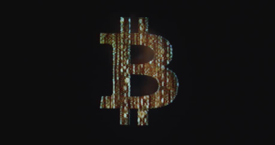 Orange Bitcoin logo or symbol animation fading in and out on a black background created by matrix style animation consisting of digits or numbers 1 or one and 0 or zero on a pixelated computer screen