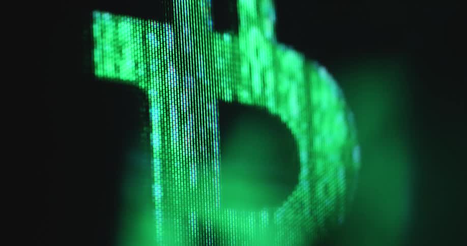 Extreme macro close-up of a pixelated RGB panel of tube TV or computer screen showing a part of the Bitcoin B Logo appearing and disappearing while the green numbers and digits ones and zeros fade in and out