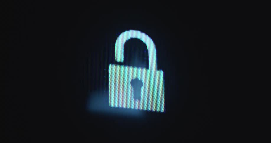 A black and white lock animation opens and closes in the graphic of a virtual reality in a digital space or hologram on a computer screen as symbol for internet or digital security and safety