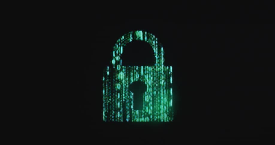 Electronic screen displaying a green security padlock appearing and disappearing made of a Matrix style animation consisting of digits 0 and 1 as symbol or visualization of computer programming and coding or security software