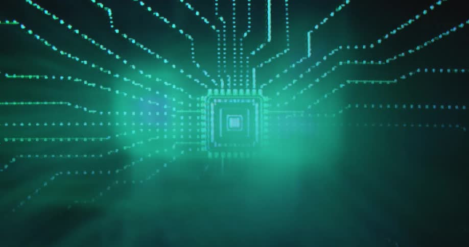 Abstract digital circuit board animation with symmetrical structure is glowing in a neon green color against a black background while information and data flow toward the computer chip in the centre of the motherboard