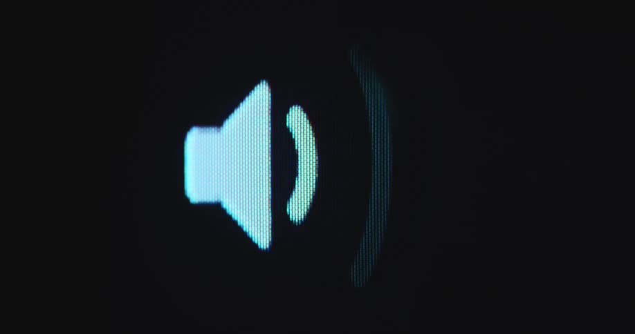 A pixelated blue speaker icon with radiating sound waves is animated to go out of focus before returning to clarity as symbol for sonic motion and playing music through an online streaming service or platform