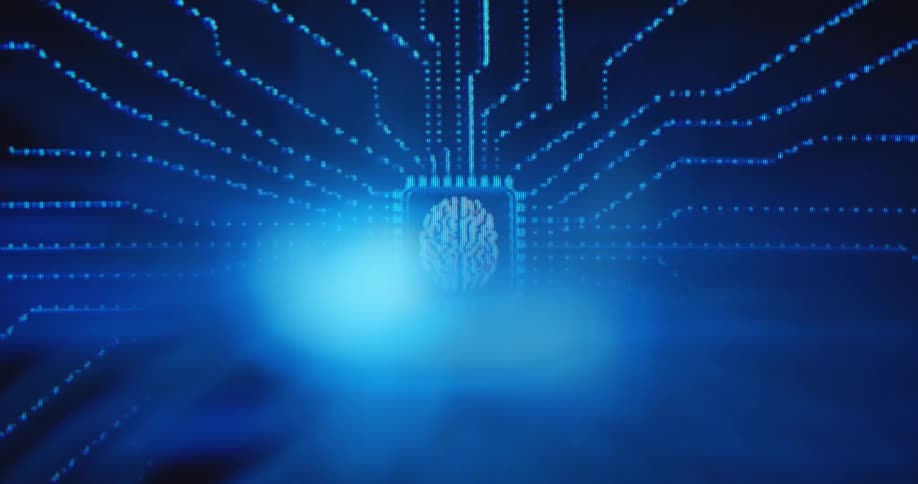 A neon blue glowing computer chip with a human brain symbol or icon animation is placed on a plate or PC board processing data as visualization of an Artificial Intelligence or AI
