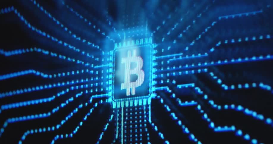 Animated visualization of the decentralized Bitcoin network based on blockchain technology while a computer or server is mining a block of BTC earning the digital crypto currency as miner rewards