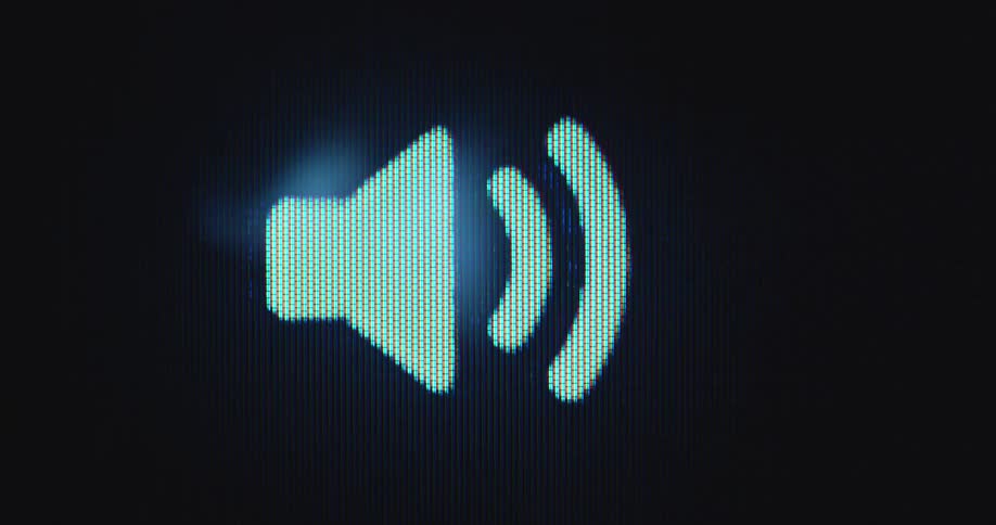 Generic speaker or loudspeaker icon against a black background playing music as audio visualization with sound in various frequencies as symbol for sound design or processing in the digital age
