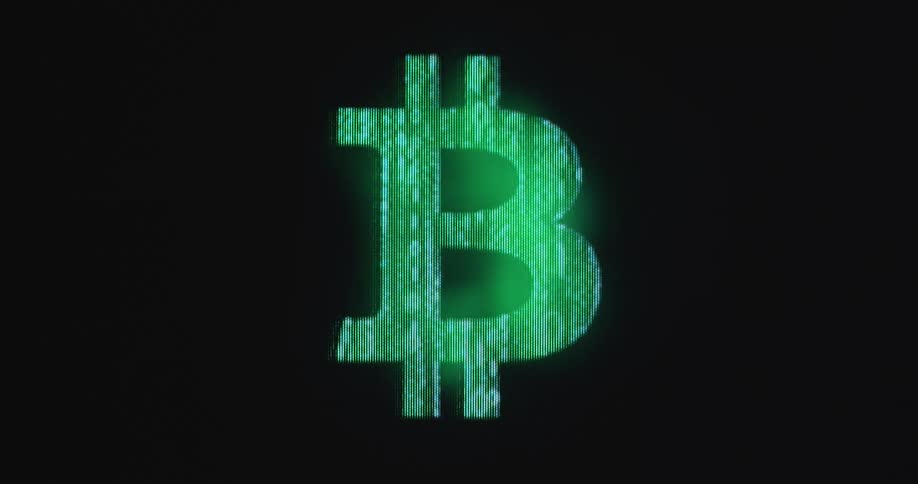 Bitcoin symbol or BTC Logo motion graphic created by matrix-style animation of neon green binary numbers 1 and 0 as symbol for investing in crypto currency as the future of the modern financial system and a hard asset in a digital asset class