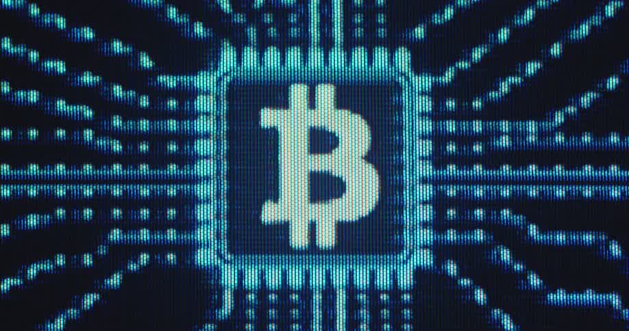 A pixelated screen displays an animation of a BTC or Bitcoin logo in the center of a computer chip with several dots and lines converging on it while data and information flows in the network run by block chain technology