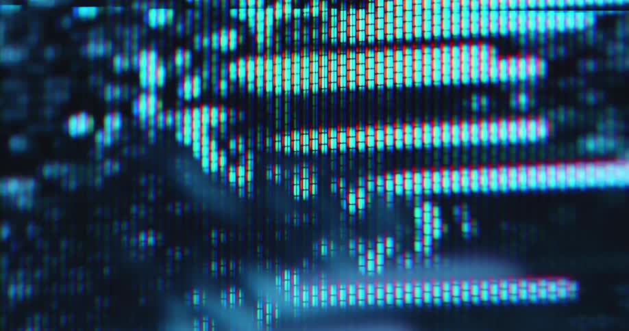 Extreme macro closeup of a glitching screen displaying abstract noises with no signal caused by distortion or an interfering signal of a cyber attack during an internet blackout or system collapse symbolizing an error or malfunction