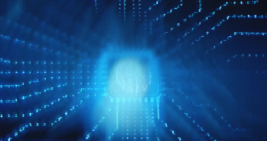 Animated icon of a human brain connected by blue lines transporting data to the learning AI programmed by a software developer to ensure the future of an online business or tech company
