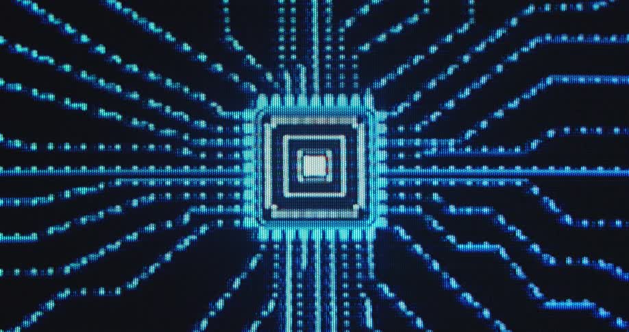Digital hardware board animation with blue lines displayed on a black background screen as symbol for the internet based on computer science and communication technology and information processing