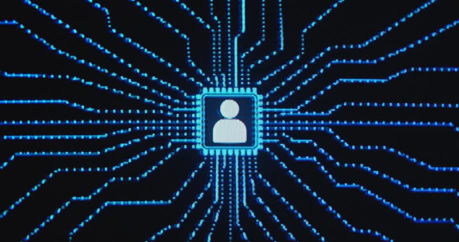 Abstract animation of a user profile icon or a gaming character levelling up via collecting new traits or features and data from all directions in a virtual reality or digital world filled with blue light illuminating a computer mainboard