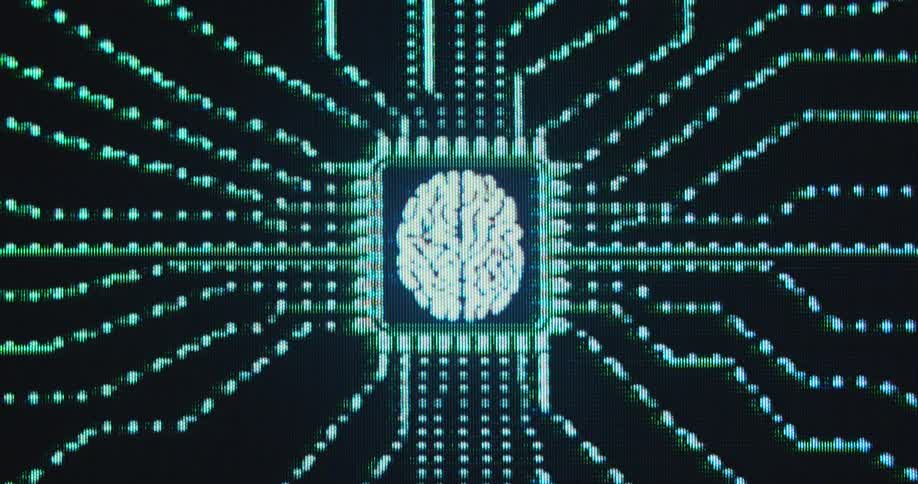 An animation of a computer chip with a brain at its center surrounded by a network of green dotted lines extending outward in multiple directions symbolizing digital connections and neural activity of a humanoid or robot