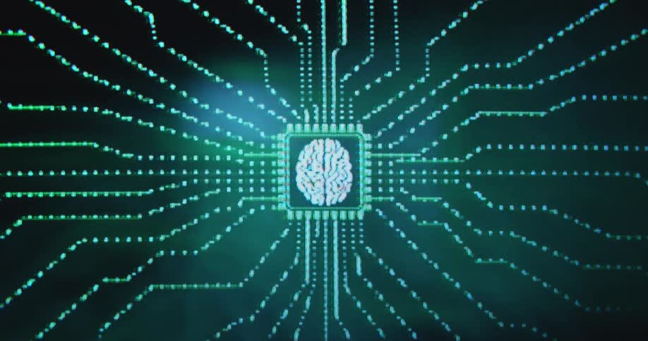 Human brain icon in the center of a motherboard or computer mainboard with chips and diodes connected by green lines leading flowing data and information to the AI processing search results and generative content